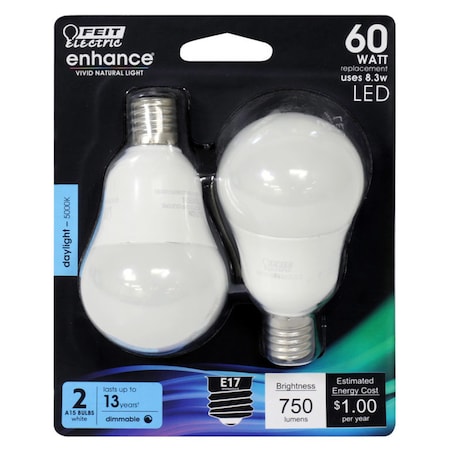 Feit Electric Feit Enhance A15 E17 (Intermediate) LED Bulb Daylight 60 Watt Equivalence 2 pk BPA1560N/950CA2